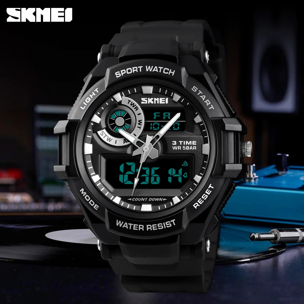 SKMEI Luxury Men Quartz Watch Military Chrono Sport Digital Wristwatch Outdoor Waterproof 3 Time Clock Male Relogio Masculino