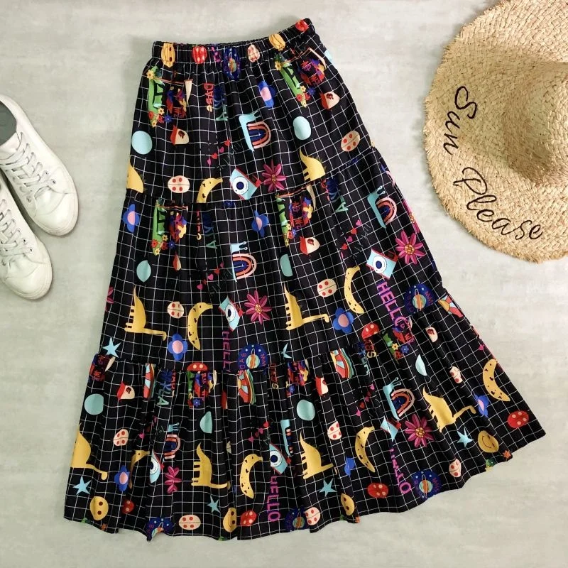 Summer Spring Cartoon Pattern Printing Skirt Women Casual High Waist A Line Skirts Streetwear Elastic Waist Knee Length Skirts