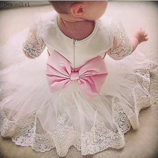 6M-14Y Toddler Baby Kid Girls Dress Lace Bow Party Dresses Christening 1st Birthday Dress Short Sleeves