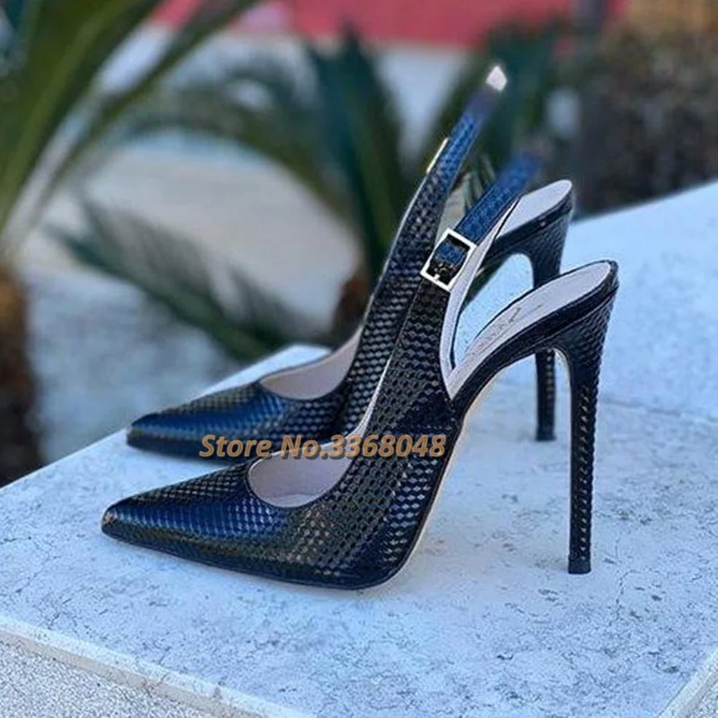 Back Strap Pointed Toe Stiletto Heel Dress Pumps Stone Pattern Black Yellow Red Dress Women High Heels Shoes Solid Leather Shoes