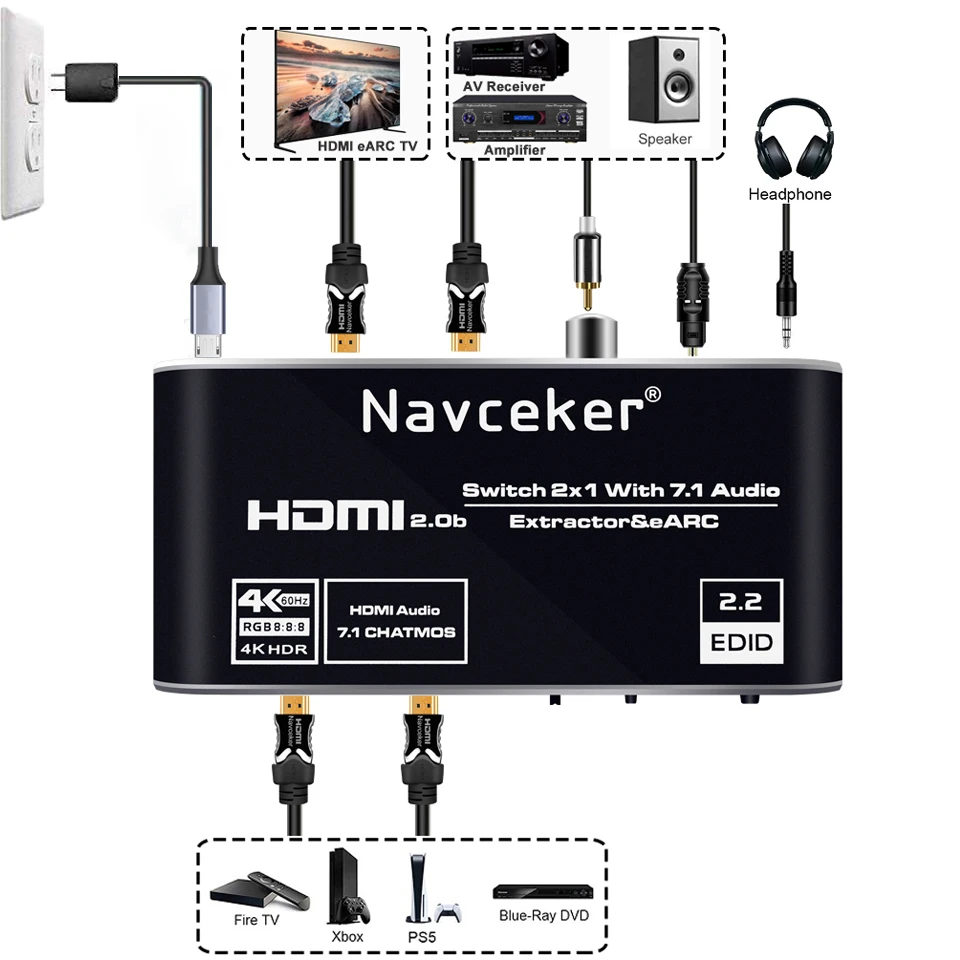 2x1 4K przełącznik HDMI eARC ekstraktor Audio z łukiem i optycznym Toslink HDMI 2.0 przełącznik 4K 60Hz przełącznik HDMI er pilot do Apple TV PS4