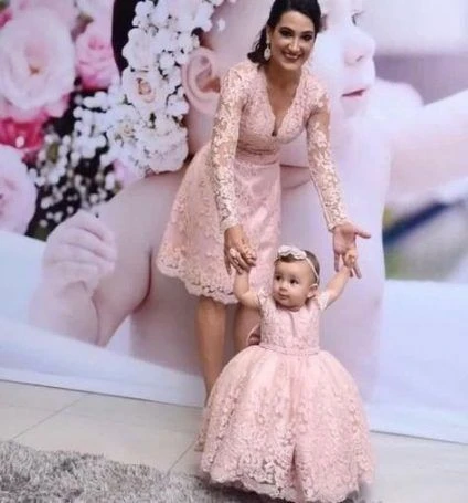 Vestido elegante de encaje rosa para bebe vestido de flores para nina madre e hija ropa a juego vestido de cumpleanos vestido de desfile