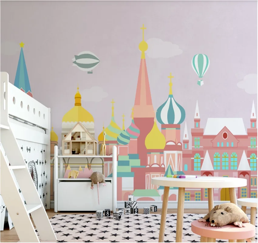 XUESU Nordic city architectural illustration children's room background wall paper mural 8D wall covering