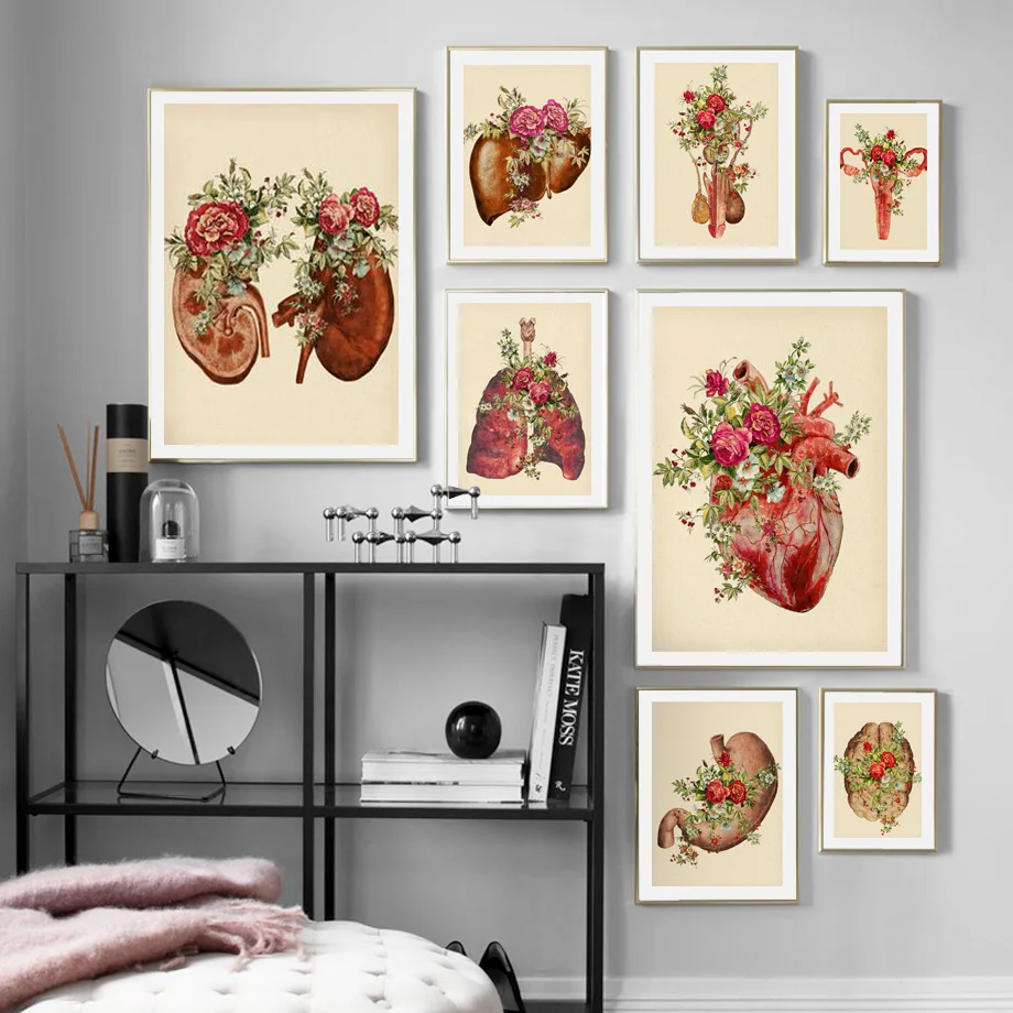 Vintage Human Anatomy Heart Liver Kidney Lung Wall Art Canvas Painting Posters And Prints Wall Pictures For Living Room Decor