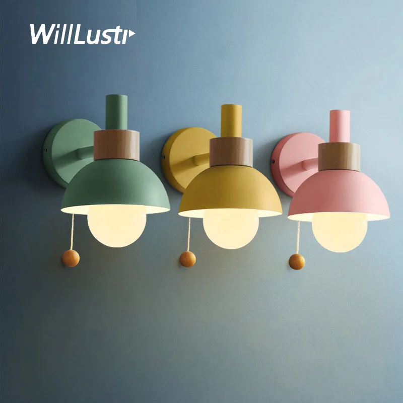 Nordic Macaron Wall Lamp Iron Wood Torch Sconce Hotel Restaurant Porch Corridor Bedside Vanity Light Pink Green Yellow Lighting