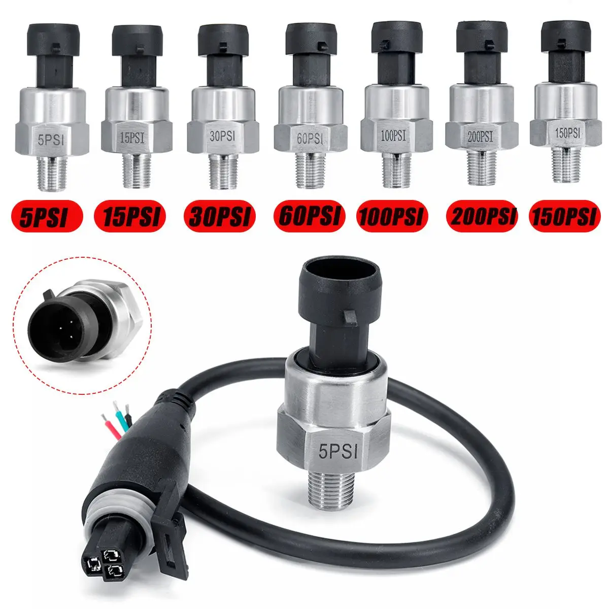 5V 1/8NPT Oil Fuel Air Pressure Transducer Transmitter Sensor 5/15/30/60/100/150/200-1600Psi