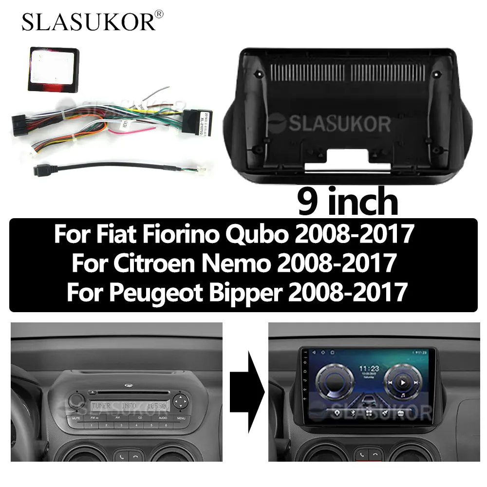 9 INCH Fascia fit For Fiat Fiorino Qubo 2008-2017 Citroen Nemo 2008-2017 Peugeot Bipper 2008-2017 Trim Kit Frame OR Canbus CABLE