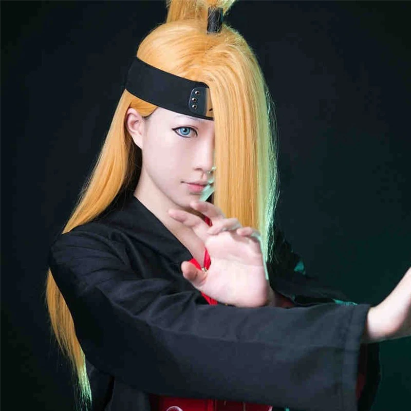 Parrucca per costume cosplay Deidara lunga 60 cm diritta giallo dorato resistente al calore + cappuccio per parrucca