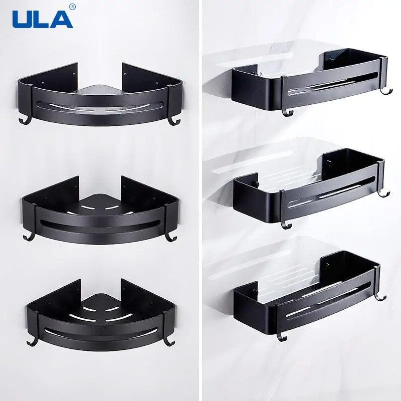 

ULA Corner Shelves Black Shower Storage Rack Black Corner Shelves Wall Mounted Aluminum Toilet Shampoo Soap Holder Free Punch