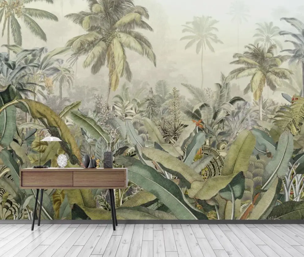 Custom wallpaper Medieval Hand-painted Tropical Rainforest Plant Banana Leaf TV Background Wall Home Decoration 3d wallpaper