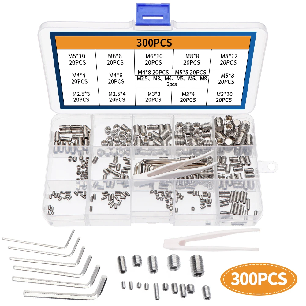 300pcs Stainless Steel M2.5 M3 M4 M5 M6 M8 Hexagon Socket Head Bolts Assortment Kit With 6 Wrenches and 1 Tweezers In A Box