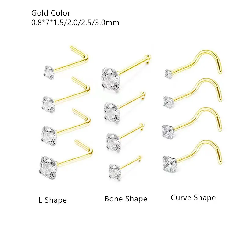 50pcs/Lot 20G Gold Color CZ Nose Stud Screw Surgical Steel Nose Ring Body Piercing 1.5mm 2mm 2.5mm 3mm L Shape Shine