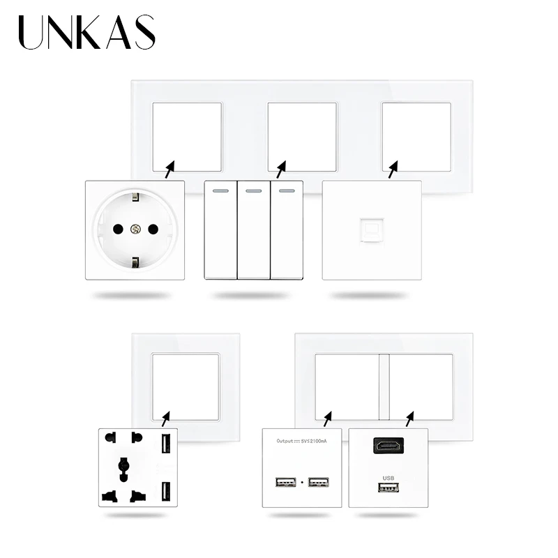 Moduli UNKAS combinazione gratuita fai-da-te grigio 1 2 3 4 Gang 1/2 Way On / Off interruttore a pulsante per applique da parete grigia