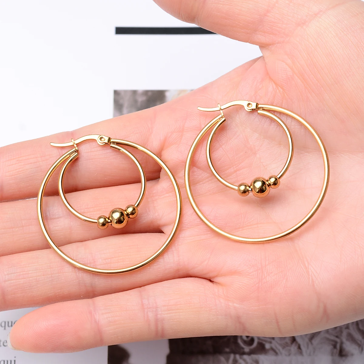 316l Stainless Steel Earrings Thick Hoops With Ball Double Layer Different Circle Round Gold Color Big Large