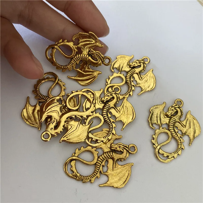 24PCS Antique Gold Color Alloy Flying Dragon Man Necklace Pendant Bracelet Charms Punk Animal Jewelry Findings 31656