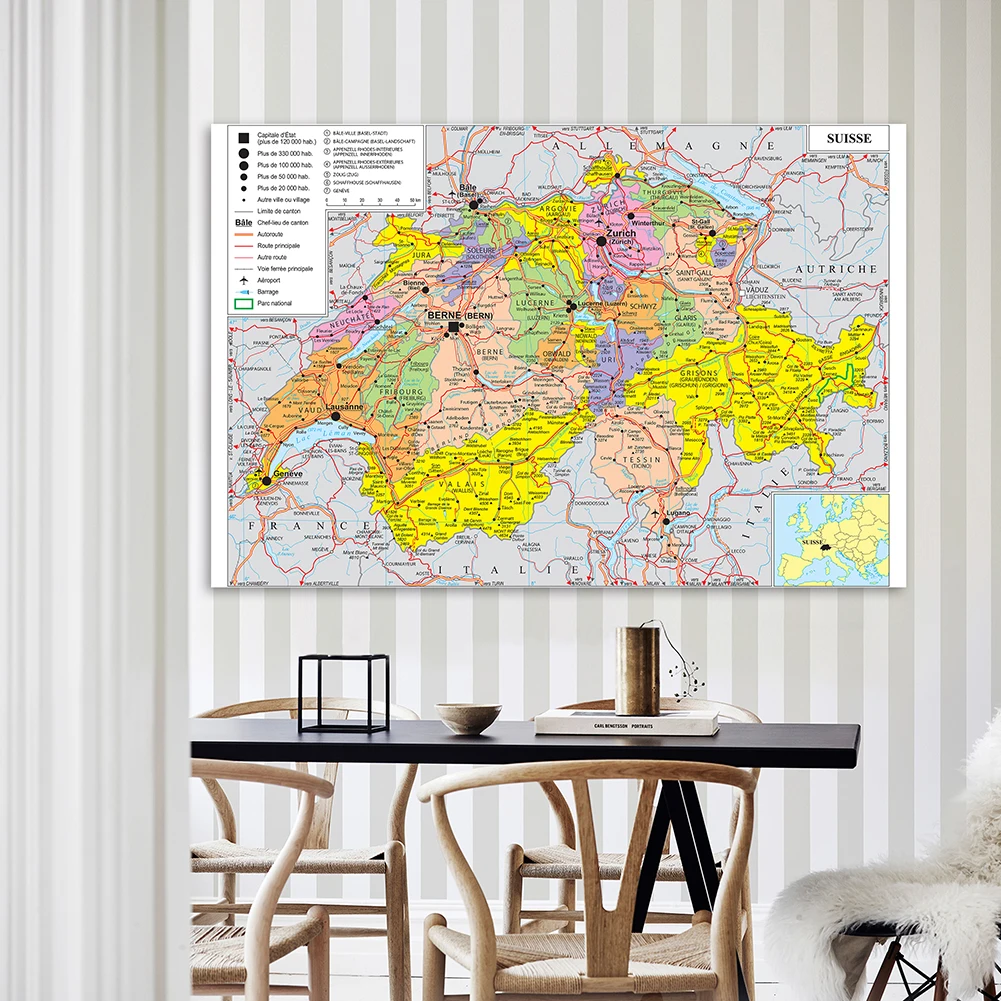 225*150Cm Vervoer Kaart Van De Zwitserland In Franse Grote Poster Niet-geweven Canvas Schilderij Home Decor schoolbenodigdheden