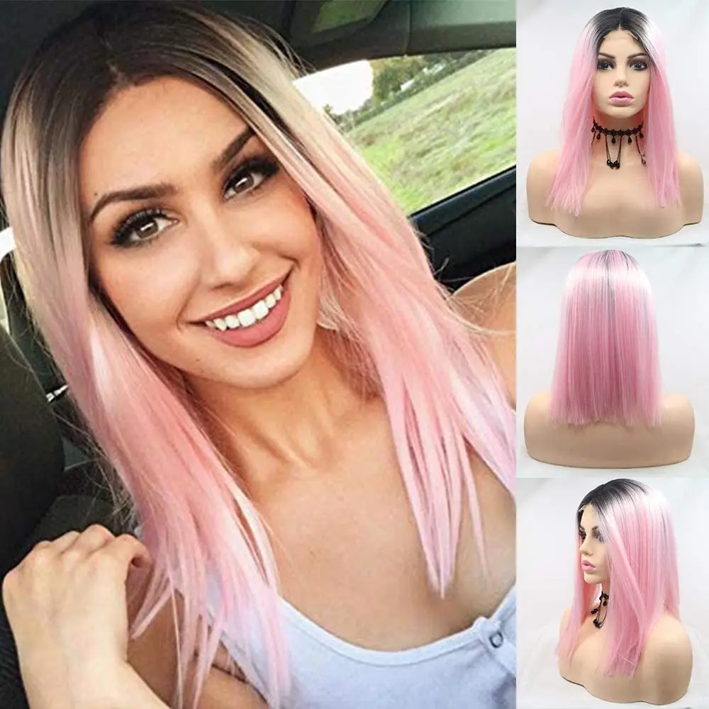 

Ombre Pink Lace Front Wigs for Women Dark Roots Short Straight Bob Wig Light Pink Red Synthetic Lace Cosplay Daily Wig 14 Inches