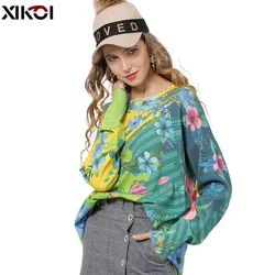 XIKOI Winter Flowers Print Sweater Women Pullovers Knitted O-Neck Jumper Women Oversized Warm Sweaters High Elastic Pull Femme