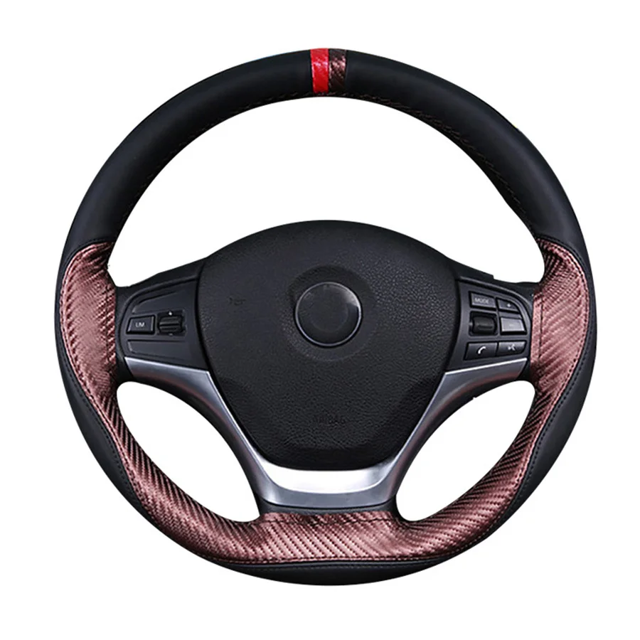 

38cm Car Steering Wheel Decor Cover Brown color Breathable Leather＋Carbon Fiber Car Hand-Stitch