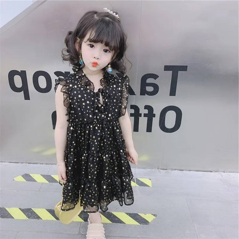 Dulce Amor Girls Dress Casual Kids Lace Princess Dresses For Girls Spring Summer Sleeveless Print Pentagram Clothes For 3-7Y