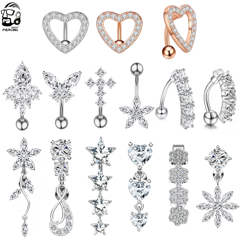 Reversed Bar CZ 14G Navel Ring Dangle Flower Star Belly Button Rings Surgical Steel Piercing Ombligo Oreja Trendy Body Jewelry