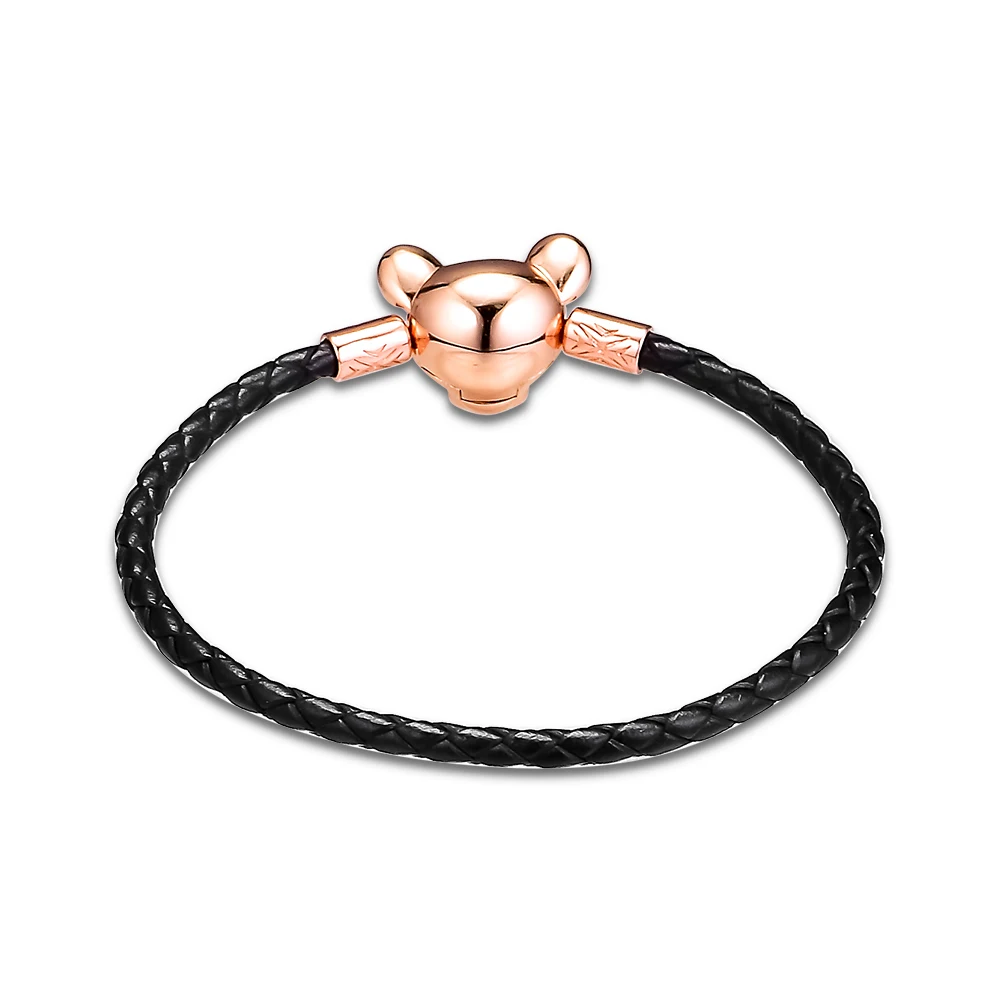 BLACK LEATHER BRACELET WITH Lion Clasp Authentic 925 Silver Bracelets For DIY Beads Woman Fashion Bracelets For Jewelry Making