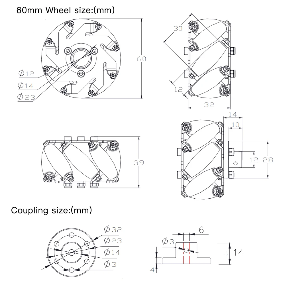 15kg Payload 60mm Mecanum Wheel with 6mm Hubs for Arduino Raspberry Pi Project RC Robot Car Kit