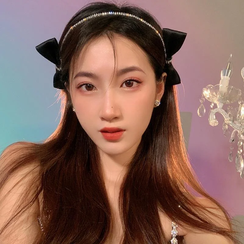 Korean Luxury Shiny Rhinestone Black Double-sided Bow Headband Womans Temperament Chic Hair Band Hair Hoop Hair Accessories Gift