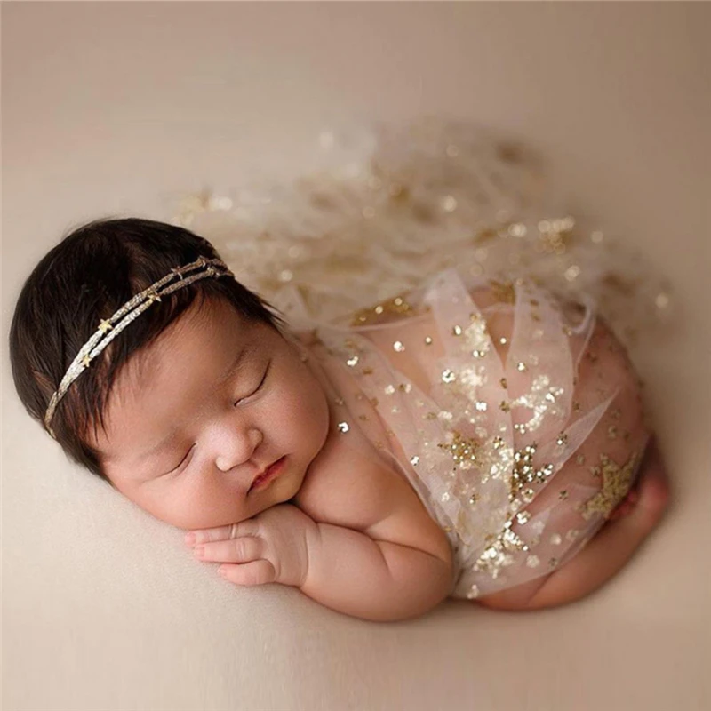 40*160cm New Arrival Baby Tulle Photography Wraps Gold Silver Stars Sequined Infant Wrap Swaddle Gauze Photo Props