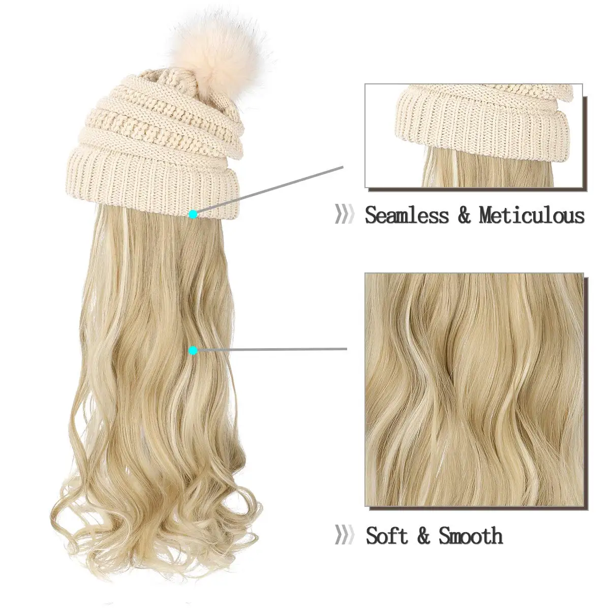 SHANGZI Hat Wig Synthetic Long Wavy Wigs white Plus velvet Beret Hat Knitted Fashion black Autumn Winter Cap Hair Wig Extensions