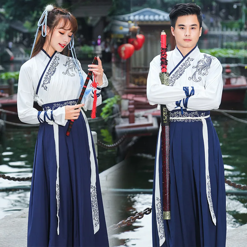 Chinese Dress Korean Hanfu White Blue Men Women Dresses Chinese Style Cosplay  Embroidery Kimono Traditional China Clothing