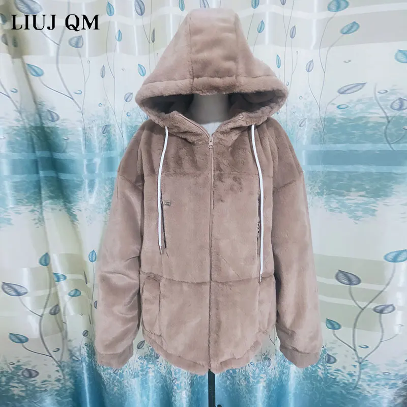 Women\'s Fur Jacket Famale Loose Faux Rabbit Fur Zip Hooded Thicken 2023 Winter Short Fur Coat Excellent Texture Thick Fur