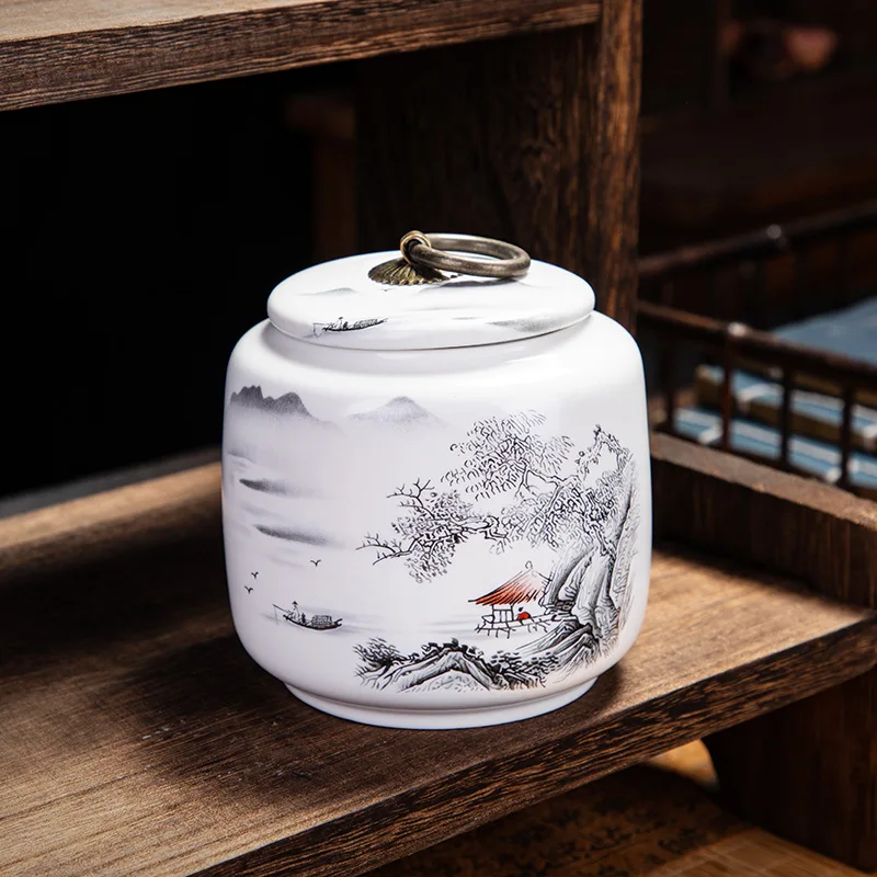 Classical Landscape Flower and Bird Storage Jar Ceramic Tea Caddy with Lid Household White Sealed Nut Storage Jar Food Container