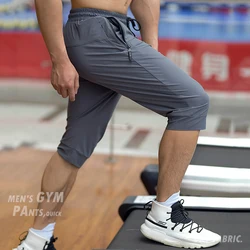 Men Running Cropped Pants Ice silk Summer Ice silk Quick Dry Training Fitness Zip Pocket Joggings Pant Male Gym 3/4 Sweatpants