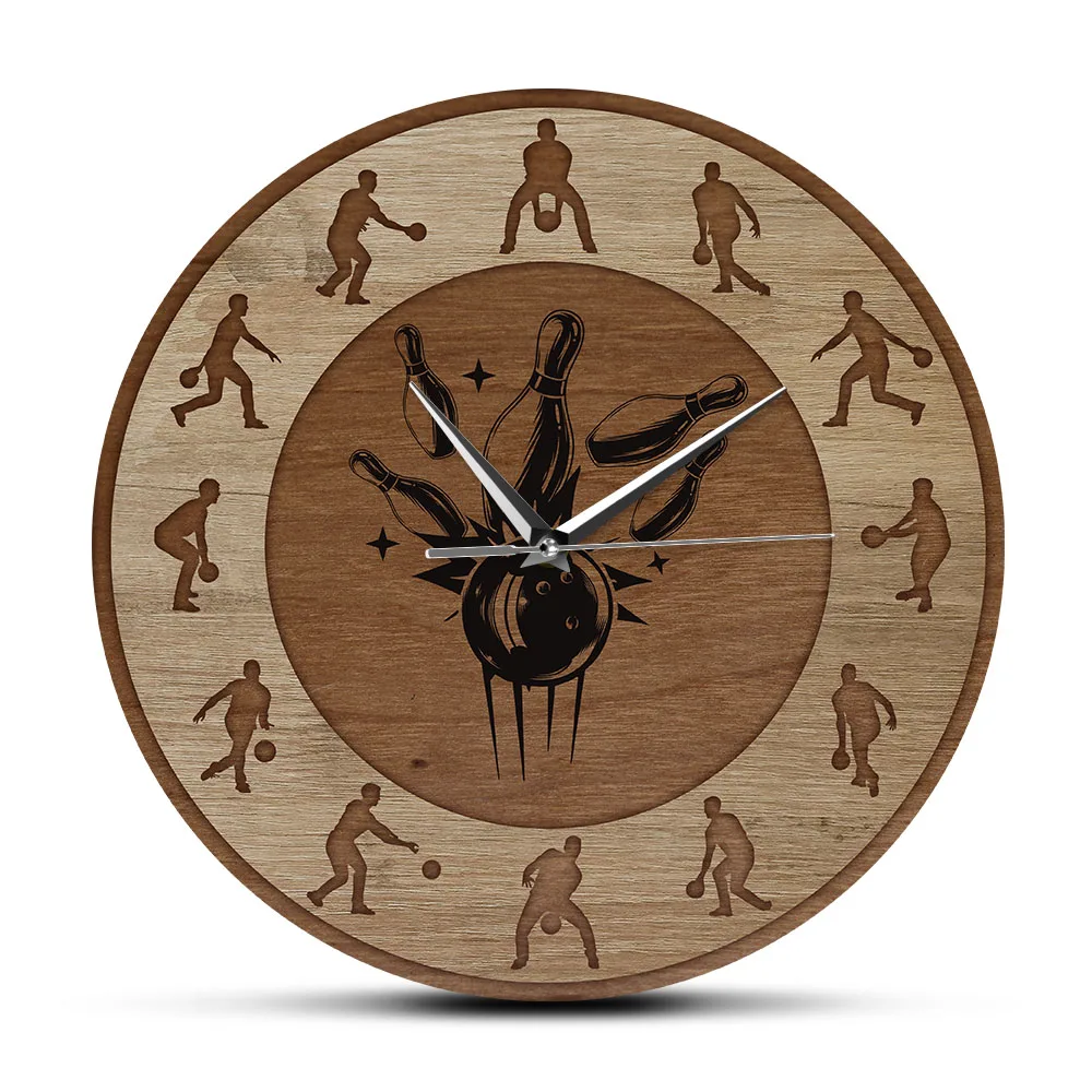 Bowling Shot Wood Texture Printed Wall Clock Sports Art Silent Quartz Wall Watch Bowling Alley Rustic Wall Decor Bowlers Gift