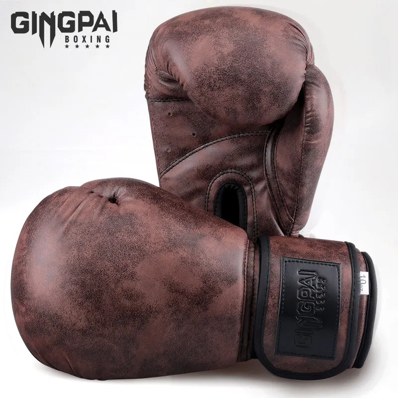 GINGPAI High Quality Adult Men and Women Boxing Gloves Pu Leather Retro Gloves MMA Muay Thai Sanda Equipment 8 10 12oz