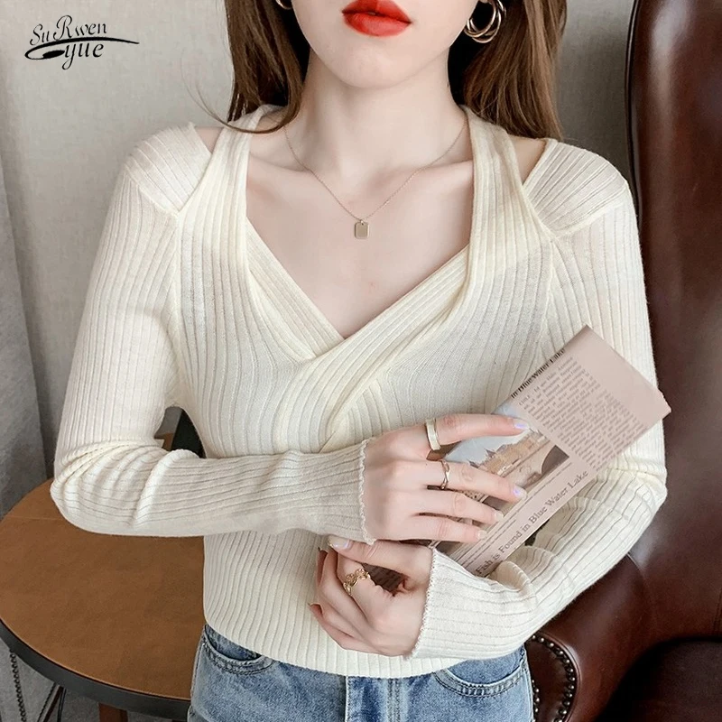 

2023 Autumn New V-neck Cross Stitching Knit Sweater Thin Wool Slim-fit Long-sleeved Sweater Elegant Solid Fashion Sexy Top 16863