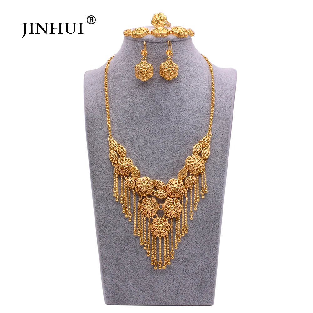 

Dubai gold plated Jewelry sets for women Tassel ball necklace Bracelet earring Ring indian wedding bridal jewelery gifts set