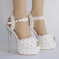 14 cm tacco alto fiori di pizzo bianco scarpe da sposa punta tonda pantofole sandali da sposa tacco alto pompe da donna