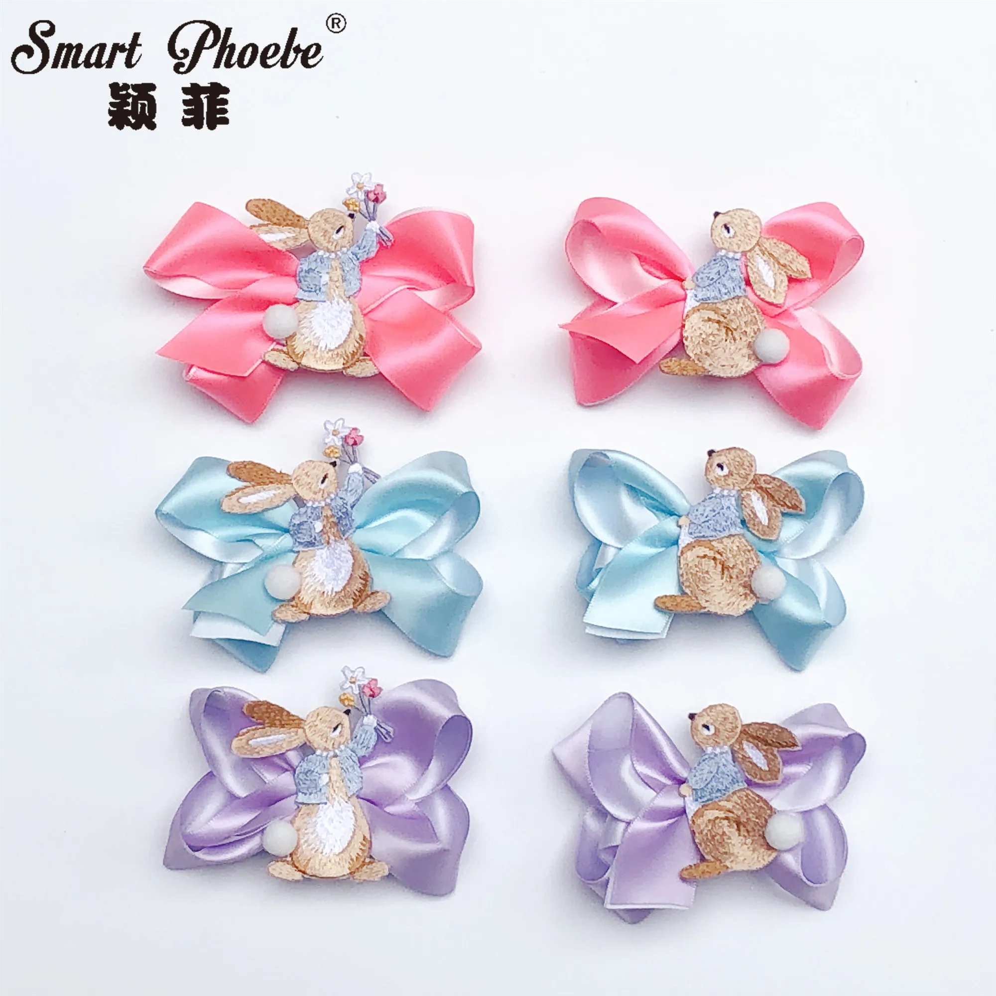 Boutique 15pcs Fashion Cute Embroidered Rabbit Bowknot Hair Clip Pom Pom Bunny Grosgrain Bow Hairpins Princess Easter Headwear