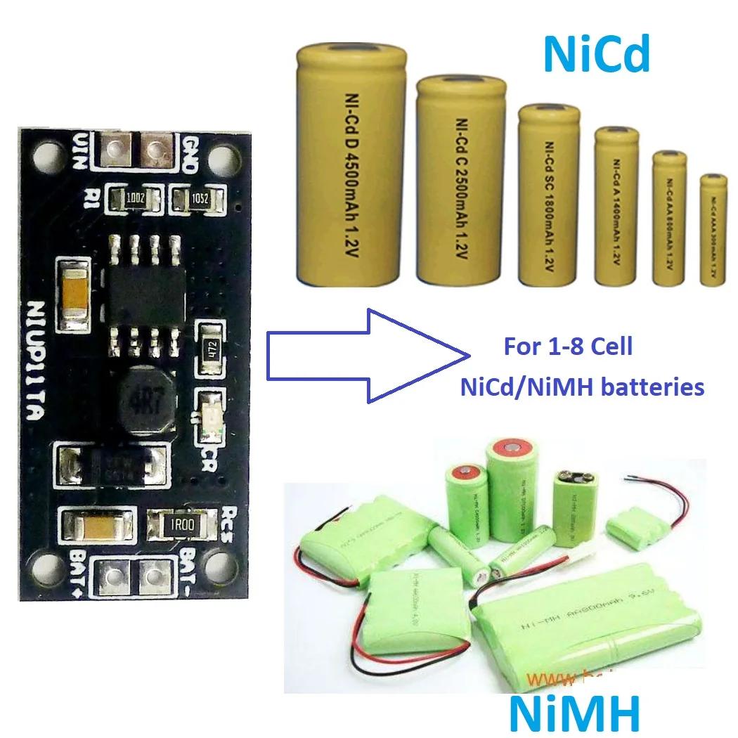 NIUP11TA Battery Charger Charging Module Input DC 5V Board 1-8Cell 1.2V-9.6V NiMH NiCd Rechargeable