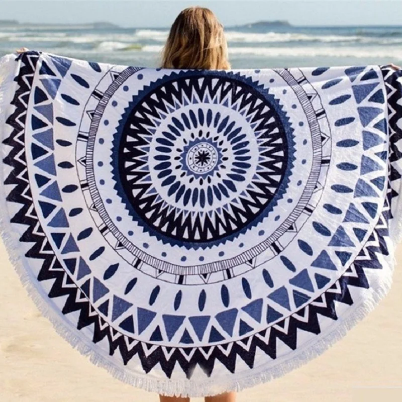 Thicken Microfiber Beach Towel with Tassel, Large Roud Sofa Blanket, Bohemia Beach Cover Up, Swimming Pool, Outdoor Picnic Mat