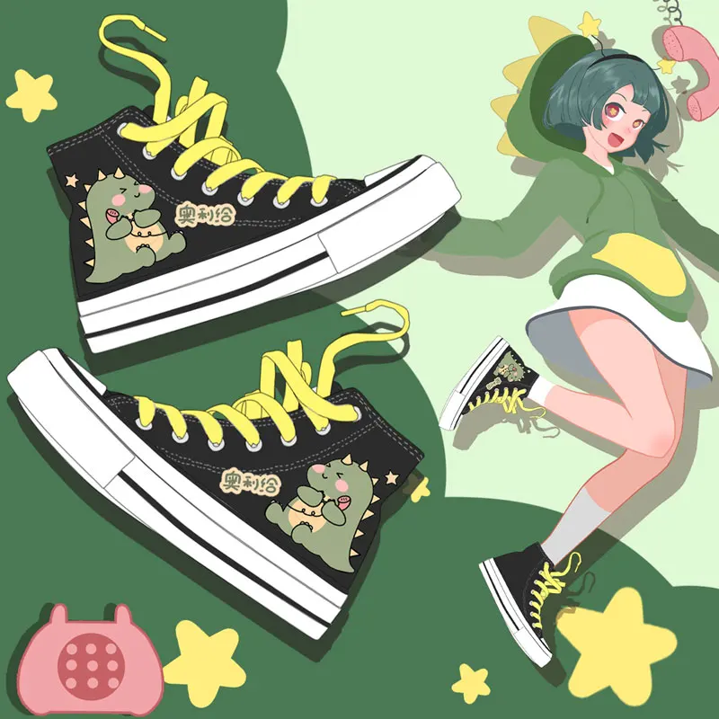 Amy and Michael Fashion Anime Cartoon Dinosaur Sneakers Women Students High Top Black Canvas Shoes Lovely Cute Vulcanize Shoes