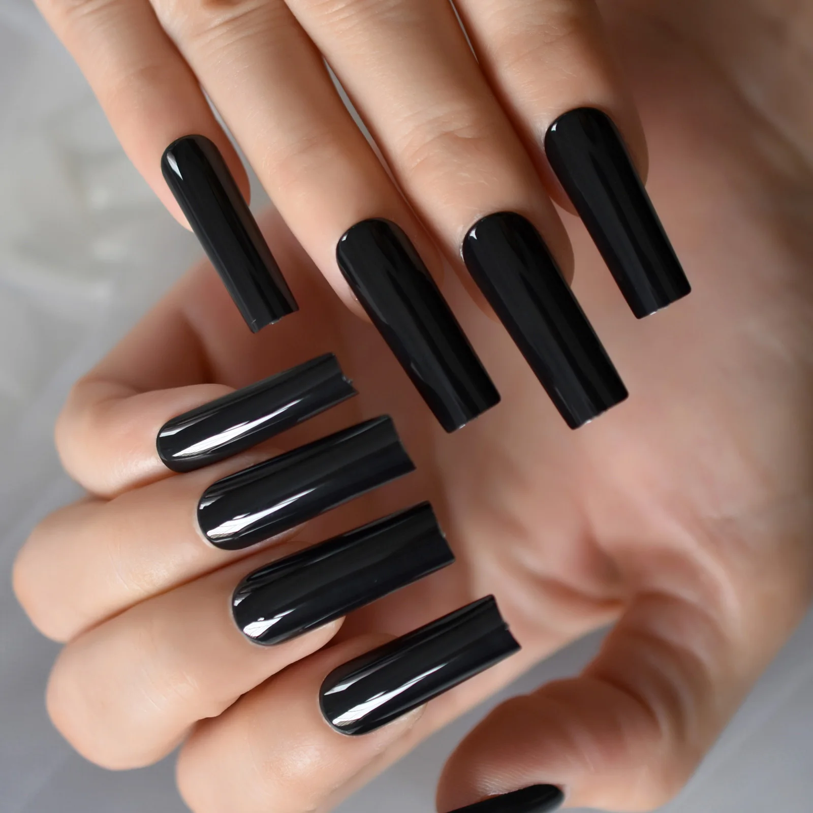 Salon Glossy Pure Black Extra Long Press On Nails Full Cover Straight Square Fake Nails Set Kit DIY Nail Art Tools