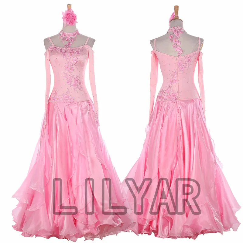 

Ballroom Dance Standard Skirt Competition Costumes Performing Dress Customize New Arrival Adult Children Pink Pearl