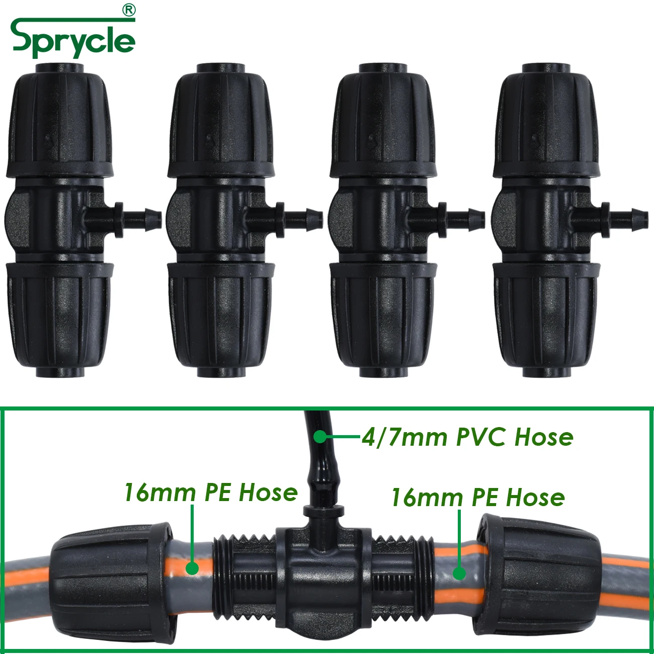 

SPRYCLE 16mm to 4/7mm Hose Tee Connector Thread Lock Garden Plant Irrigation Water Adapter PE Tubing to 1/4'' Micro Pipe Joint