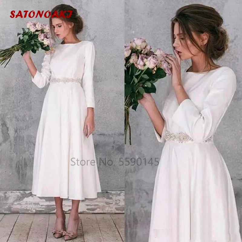 

Boho Simple Vintage 3/4 Long Sleeve Wedding Dress with Beaded Sash Ankle Length Bridal Gown Vestido De Novia Mariage Online Shop