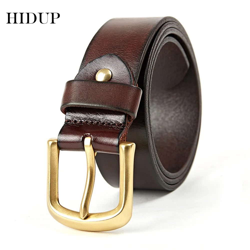 

HIDUP Men's Simple Design Brass Pin Buckle Metal Cow Skin Belts Jean Accessories Top Quality Genuine Leather Belt for Men NWJ761