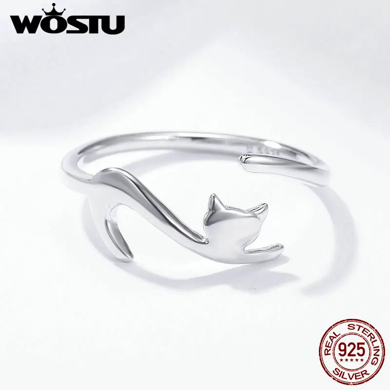 WOSTU 100% Real 925 Sterling Silver Cute Cat Finger Adjustable Rings for Women Band Rings Party Jewelry Gift DXR341