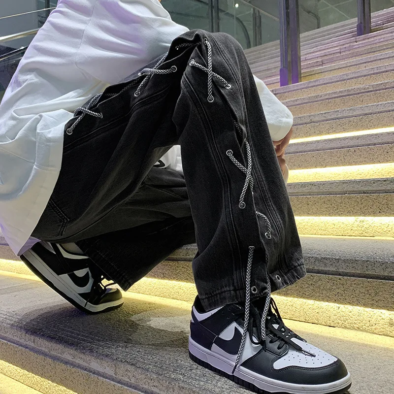 ICCLEK 2021 Fall New Pants High Street Jeans American Jeans Men's Fall Loose Straight Pants Fashion Lace Pants Wide Leg Pants